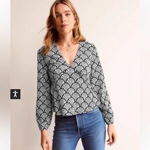 BODEN V-Neck Peplum Top, Black Blossomy Size 12